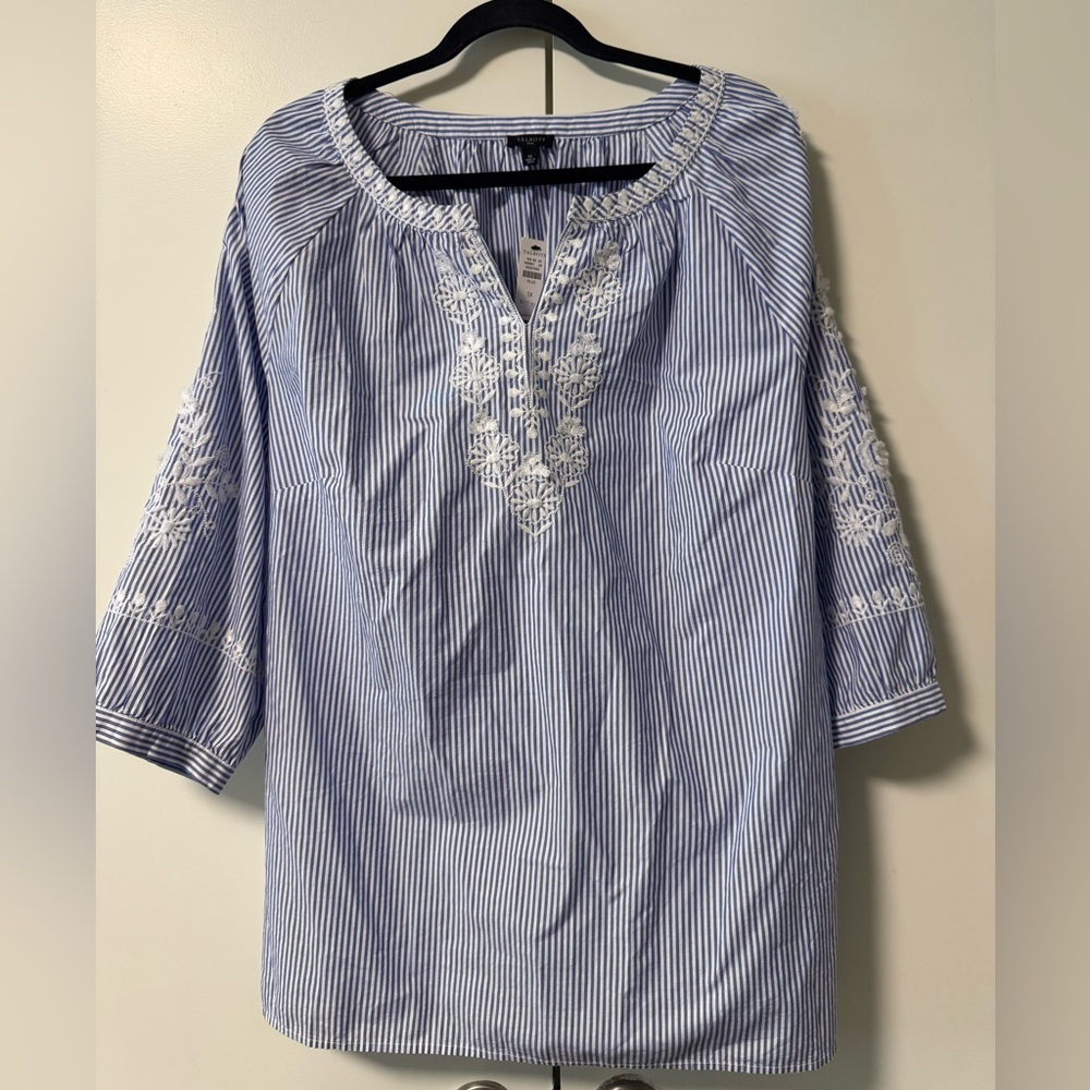 Talbots Blue and White Striped Tunic with Embroidery